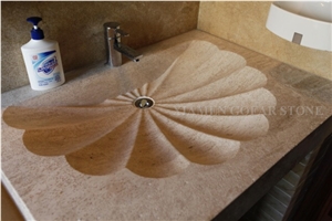 Beige Limestone Art Sink Interior Basin Flower Carved,Wash Basin for Bathroom