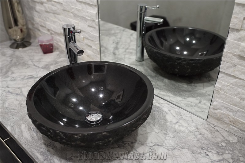 Super White Marble Vanity with Raw Absolute Black Stone Vessel