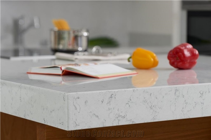 Kitchen Benches and Backsplashes in Composite Stone Noble Carrara