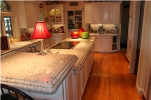 Kitchen Island with Colonial White Granite with Ogee Edge and Laminated Demibullnose Profile Edge