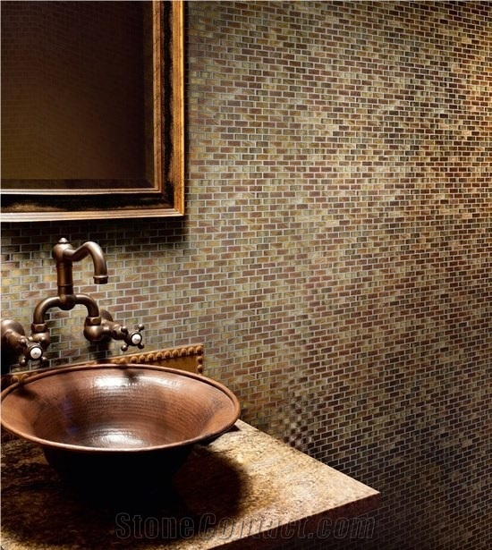 Glass Mosaic Bathroom Wall- Copper Vessel Wash Basin