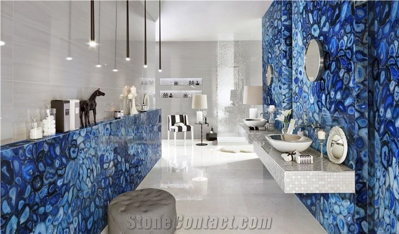 Blue Agatha Semiprecious Stone Commercial Bathroom Design