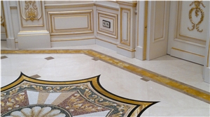 Giallo Siena, Carrara White Marble and Emperador Light Mosaic Flooring