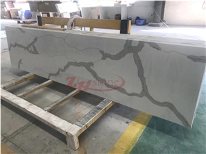 White Calacatta Quartz Engineered Polished Stone Solid Surfaces for Hotel Kitchen Countertop, Customized Edge