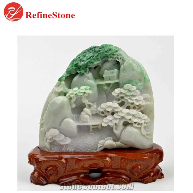 Handmade Mountain Scenery Green Jade Statue
