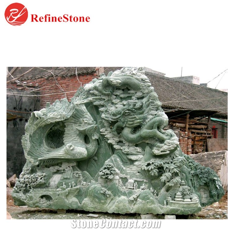 Handmade Mountain Scenery Green Jade Statue