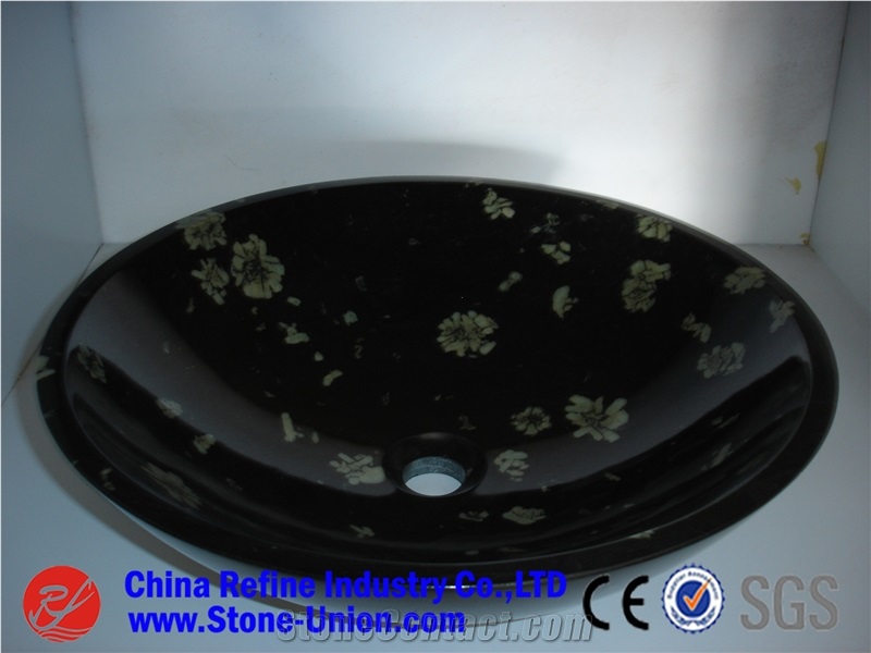 Polished Black Marble Round Basin Sinks, Black Stone Sinks & Basins，Nature Black Marble Vessel Sink,Stone Round Sinks,Negro Black Marble Wash Bowls