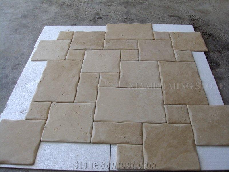 Antique Style Light Cream Travertine Tiles Floor French Pattern,Tumbled Beige Travertino Tiles Wall Covering Tiles for Villa Flooring