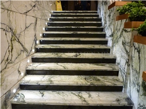 China Clivia Marble Polished Interior Staircase with Riser,Machine Cutting Stepping,Clivia White Marble Green Veins for Hotel Floor Covering Stairs