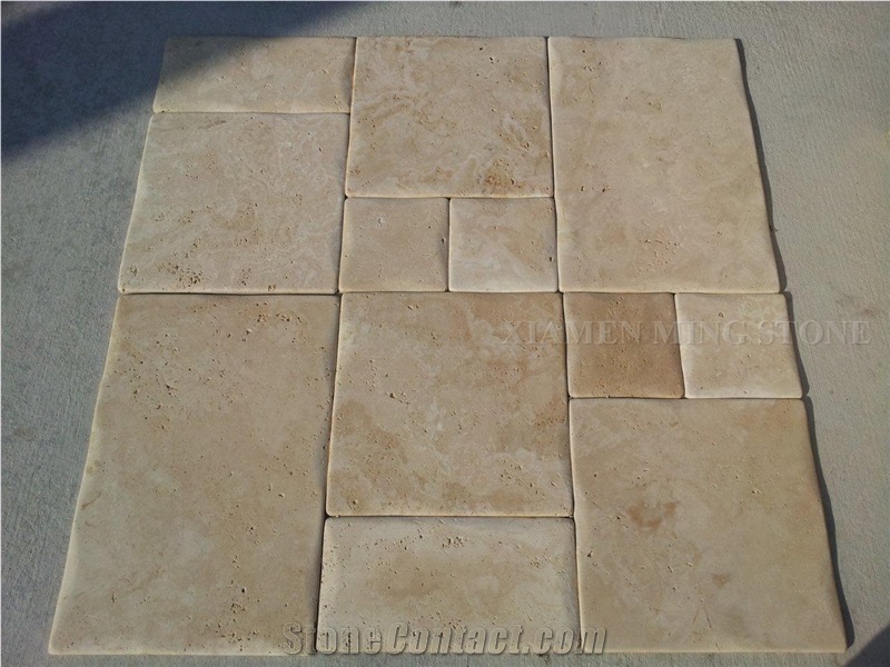 Light Cream Travertine Tiles Floor French Pattern,Tumbled Tiles Wall Covering Tiles for Villa Flooring