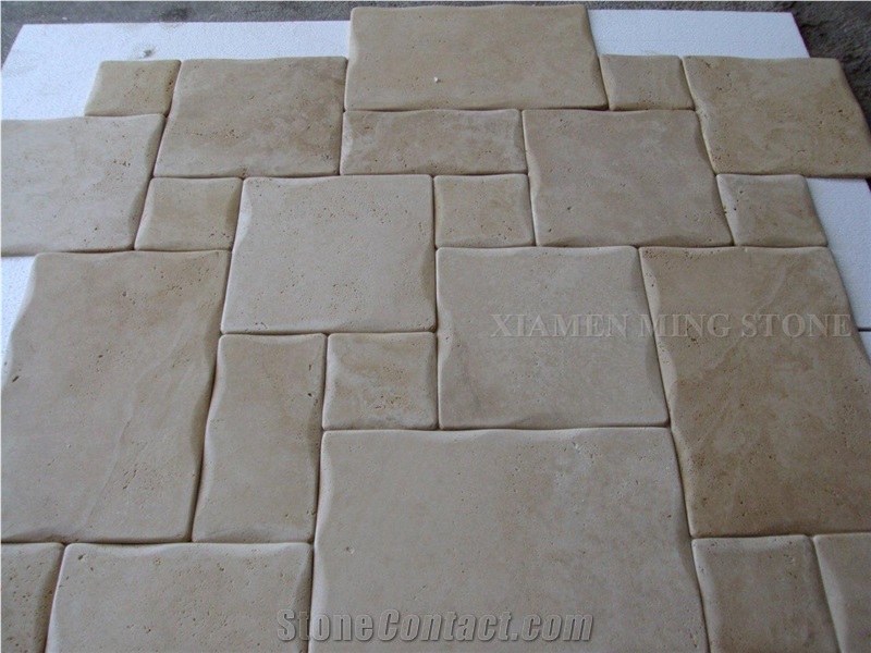 Light Cream Travertine Tiles Floor French Pattern,Tumbled Tiles Wall Covering Tiles for Villa Flooring