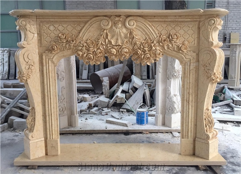 Factory Handcarved Natural Stone Insert Beige Marble Fireplace Mantel for Indoor Decoration