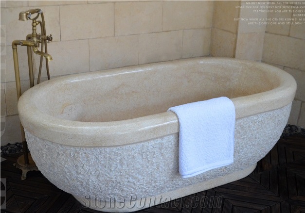 High Quality Beige Marble Natural Stone Oval Freestanding Bathtub for Bathroom