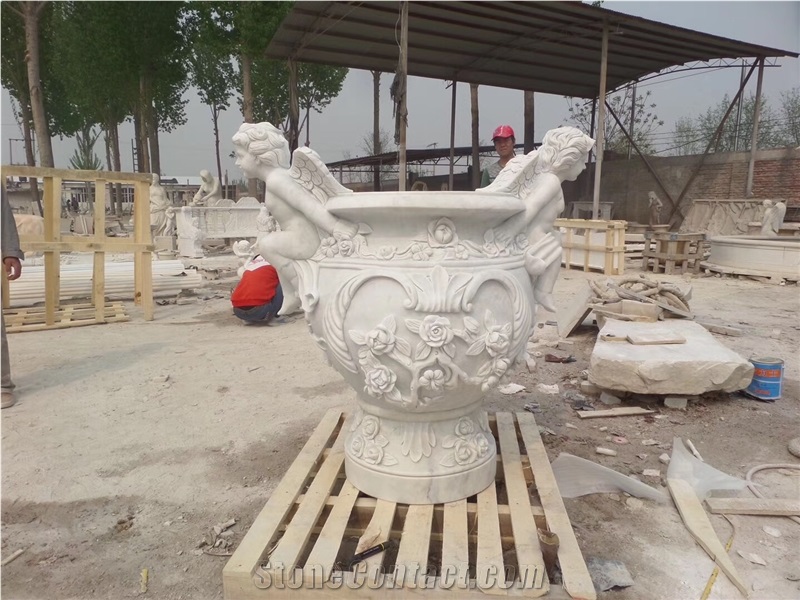 Natural Stone Handcarved Garden Decor White Marble Flower Pot for Residence Facility Decoration