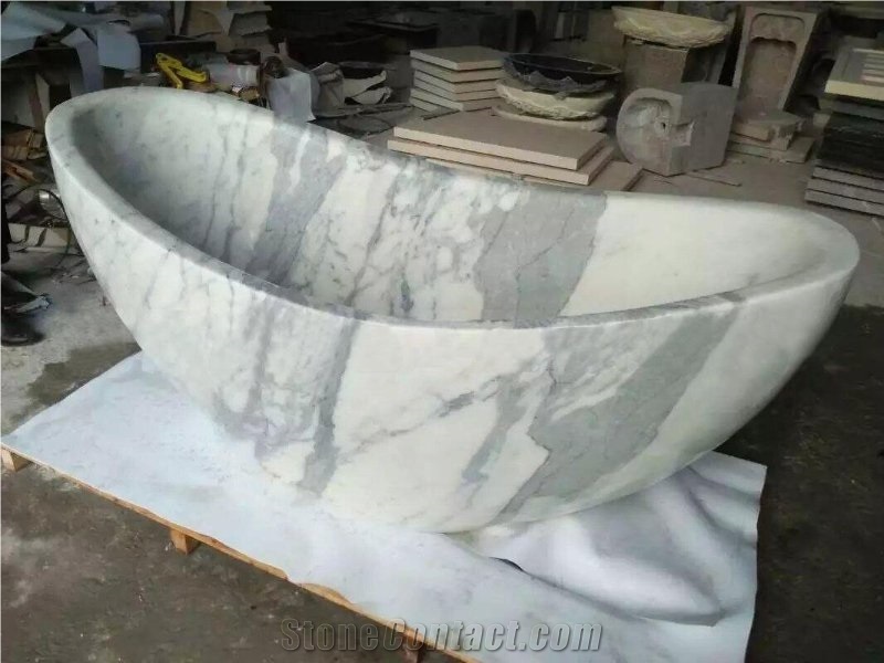Polished Oval Design Handcrafted Carrara Marble Stone for Freestanding Bathtub