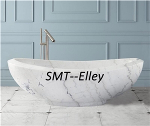 White Marble Stone Oval Bathtub China Carrara Solid Surface Bathtubs For Hotel