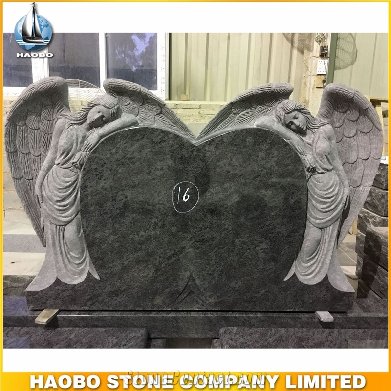 American Style Monument Bahama Blue Granite Headstone Double Angel Carved with Double Heart Shaped Tombstone Cemetery Gravestone