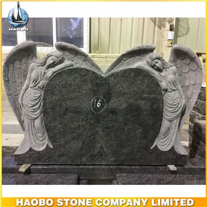American Style Monument Bahama Blue Granite Headstone Double Angel Carved with Double Heart Shaped Tombstone Cemetery Gravestone