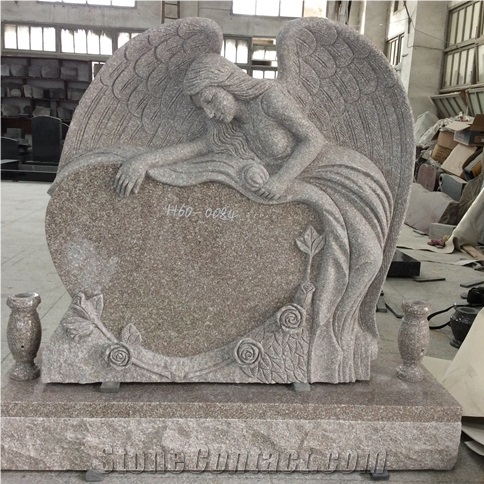 China Haobo Competitive Price High Quality Natural Stone Heart Shaped Beautiful Angel Tombstones with Carved Rose and Flower Vase for Cemetery