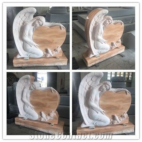 China Haobo Factory Good Price Wholesale Natural Stone Sunset Red Granite Heart Shape Angel Monument Carved with Rose and Dove for Usa