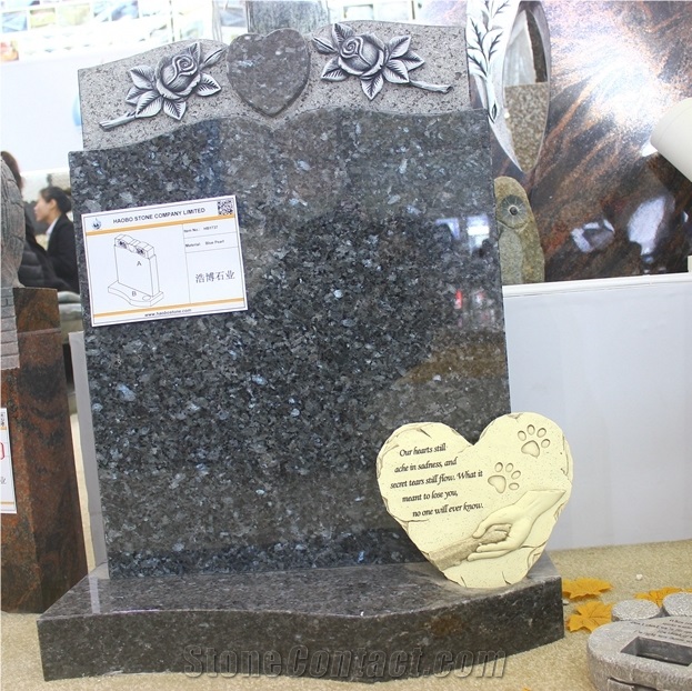 Chinese Customized Wholesale Price Blue Pearl Granite Carved Rose Monument Sign with Polished for Cemetery Memorials Popular in Usa