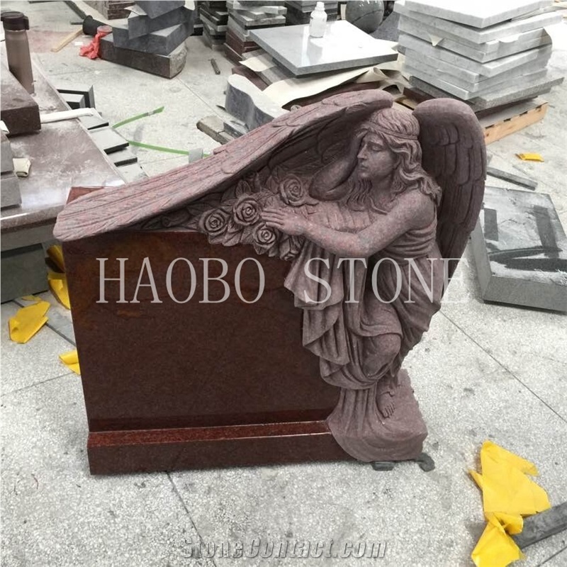 Customized Natural Stone Good Price China Haobo Indian Red Granite Sweeping Angel Monument Carved Rose with Iso9001:2000 for Cemetery Momerials
