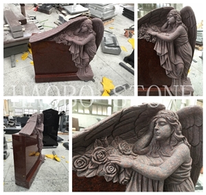 Customized Natural Stone Good Price China Haobo Indian Red Granite Sweeping Angel Monument Carved Rose with Iso9001:2000 for Cemetery Momerials