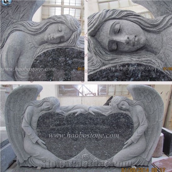 European Style Monument Blue Pearl Granite Tombstone Double Angel with Double Heart Shaped Headstone Engraved Upright Headstone