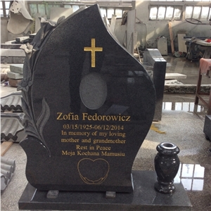 Haobo China Quarry Natural Stone Cheap Manufacturer Price Carved Lily and Corss Grey Granite Headstone with Flower Vase for Cemetery Memorials