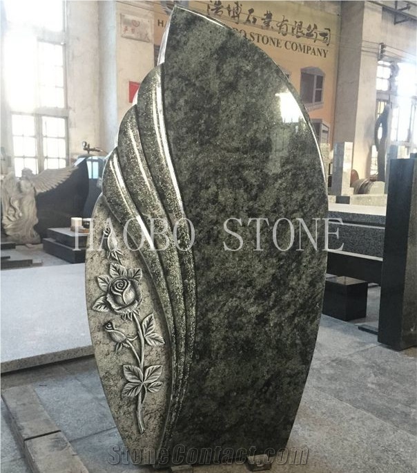 High Polished Good Service Cheap Price Modern High Polished Olive Green Granite Headstone Designs with Rose Carving with Iso9001:2000 for Memorials