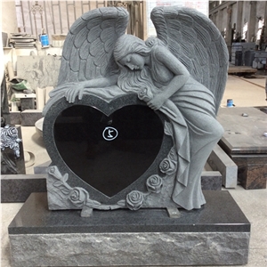 High Quality Customized Best Price Chinese Manufacturer Modern Heart Shaped Carved Rose Weeping Angel Tombstones with Shanxi Black Granite