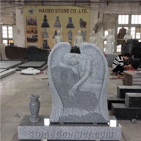 Natural Stone China Supplier Factory Best Price 9402 Grey Granite Heart Shaped Carved Angel and Vase Memorials Tombstone for American Market