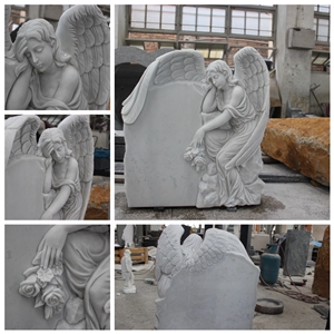 Natural Stone Quarry Chinese Manufacturer Price High Quality Supplier Pure White Marble Sweeping Angel Headstones Exhibited in American Exhibition