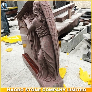 Ruby Red Tombstone Engraved Natural Stone Chinese Granite Angel Monument Gravestone Headstone