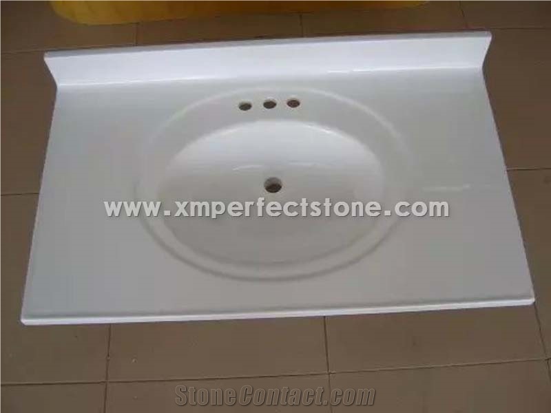 Artificial Marble Vanity Top Double Sink,61"X22",White Artificial Marble Hotel Vanity Tops