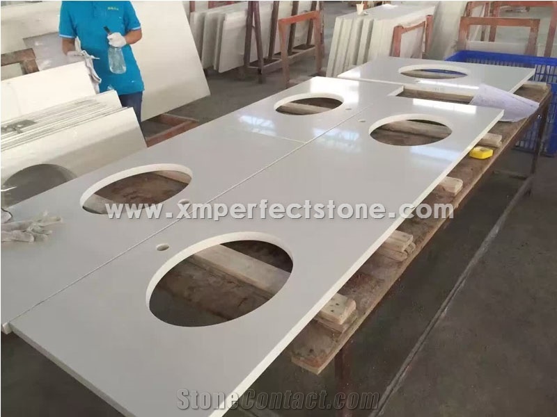 Pure White Quartz Bathroom Custom Vanity Tops with One/Double Oval Sink,Chinese Quartz Countertop Manufacturer