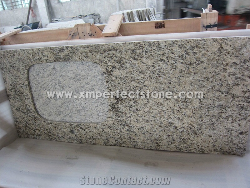 Yellow Granite Kitchen Countertop/Santa Cecilia Light Brazil Granite Prefab/Countertop,One Sink,Eased Edge/Laminated Edge