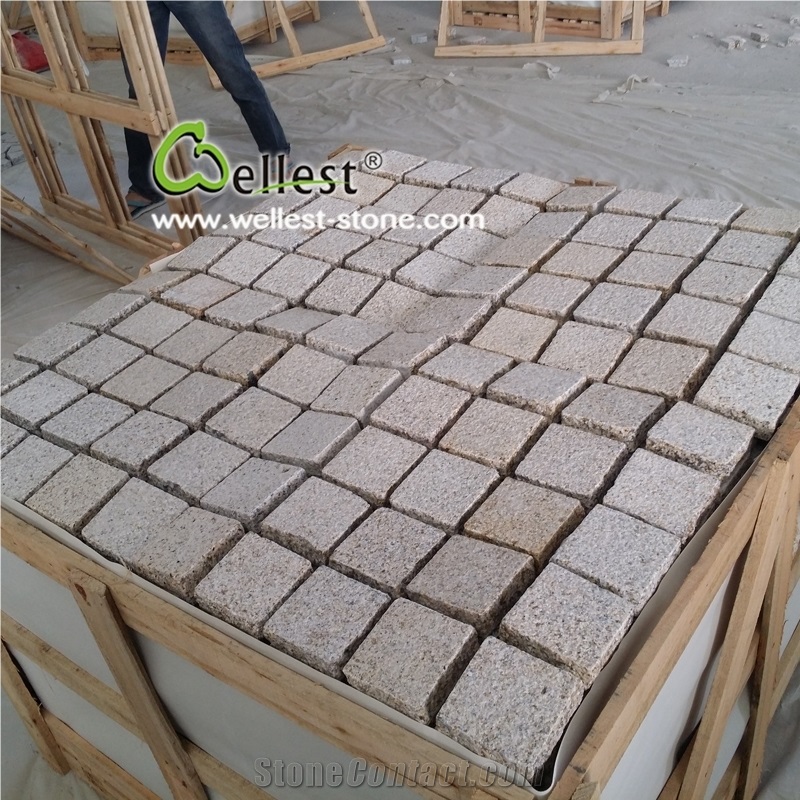 Bush Hammered on Top, Four Sides Natural Yellow Granite Meshed Paving