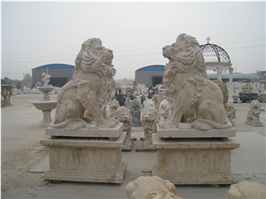 Beige Travertine Lion Statue with Pedestal