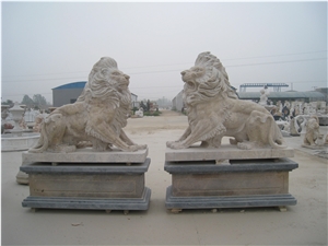 Beige Travertine Lion Statue with Pedestal