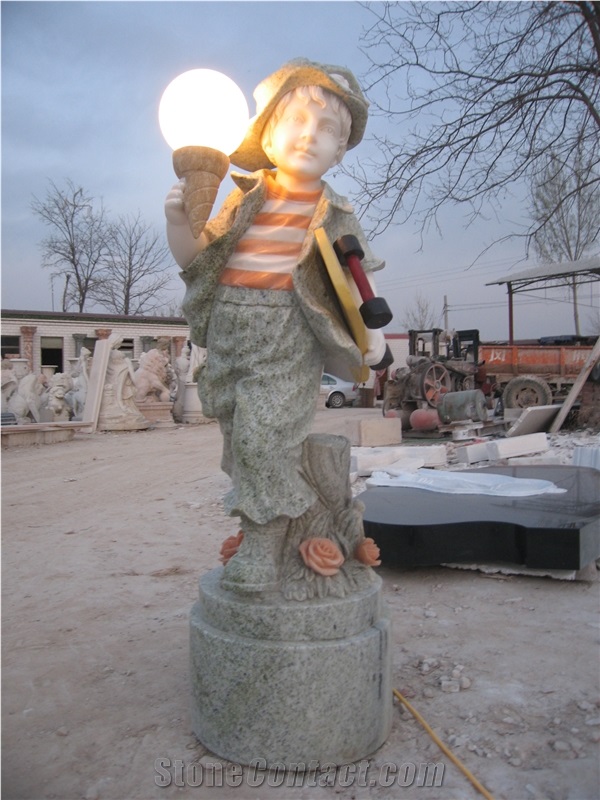 Hand Carved Marble Child Statue with Light