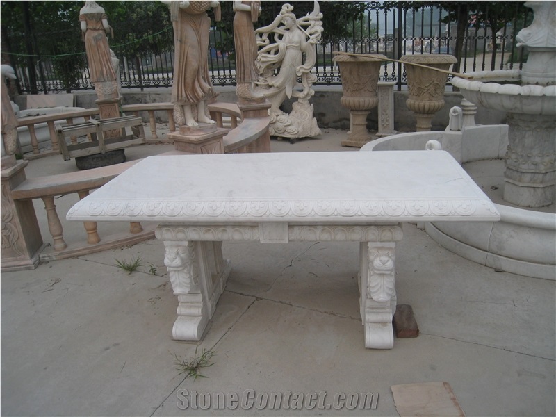 White Marble Table with Hand Carved Sculptures, White Marble Bench & Table