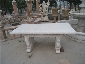 White Marble Table with Hand Carved Sculptures, White Marble Bench & Table