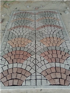 China Granite Cube Wtih Mesh, Cobble Stone on Mesh, Red Porphyry+G682+G603 Fan-Shape Granite Paving Stone with Net on the Back,