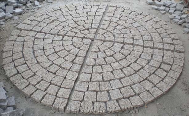 G682 Circle Granite Paving Stone with Net on the Back, China Sunset Gold Granite, G682 Cobble Stone, Rustic Yellow