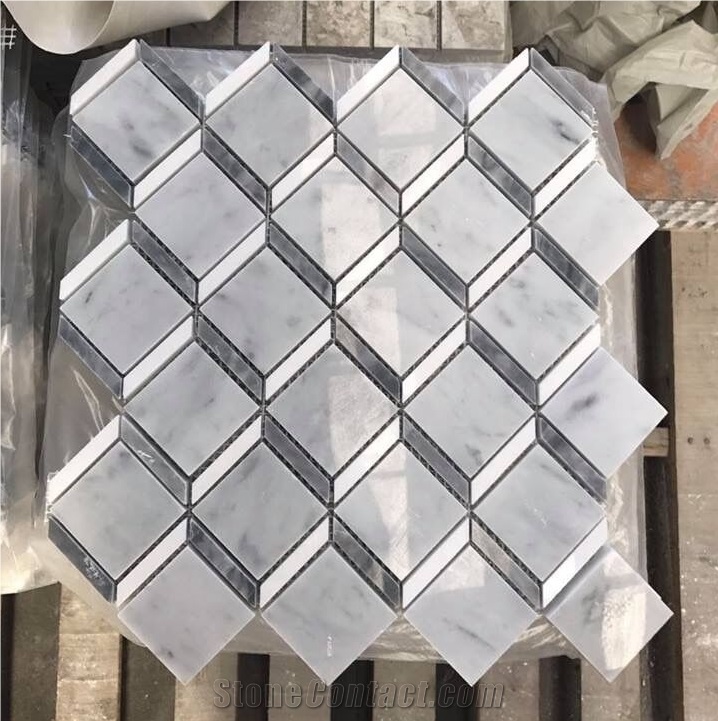 Bianco Carrara White Cube 3d Marble Mosaic for Modern Decoration, Waterjet 3d Marble Floor Design