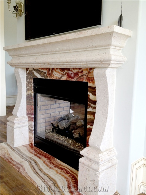 Hand Carved Jerusalem White Coral Stone Indoor Fireplace