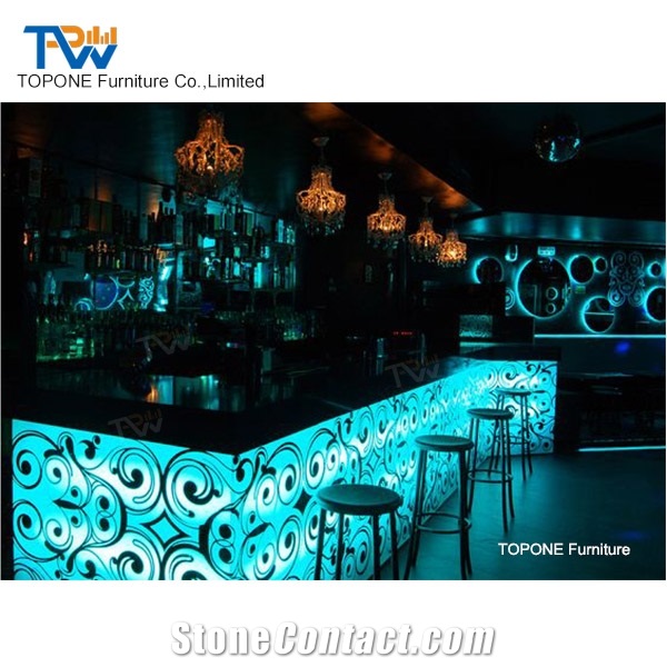 Artificial Marble Stone Customized Led Bar Counter Tops Design, Interior Stone Acrylic Solid Surface Led Bar Counter Design Tops Oem Design Furniture