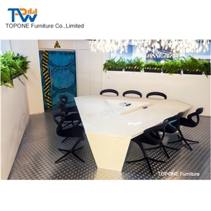 Small Triangle White Artificial Marble Stone Conference Room Board Table Tops, Interior Stone Acrylic Solid Surface White Meeting Room Table Tops