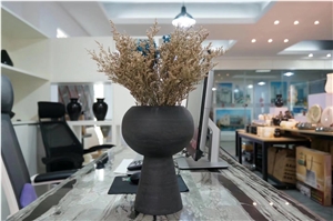 Honed Hainan Black Basalt Lava Stone Vase,Andesite Interior Flower Pot Art Design Antique Style